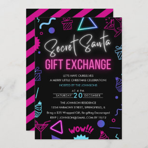 Invitation Bright Neon Secret Père Noël Gift Exchange Party