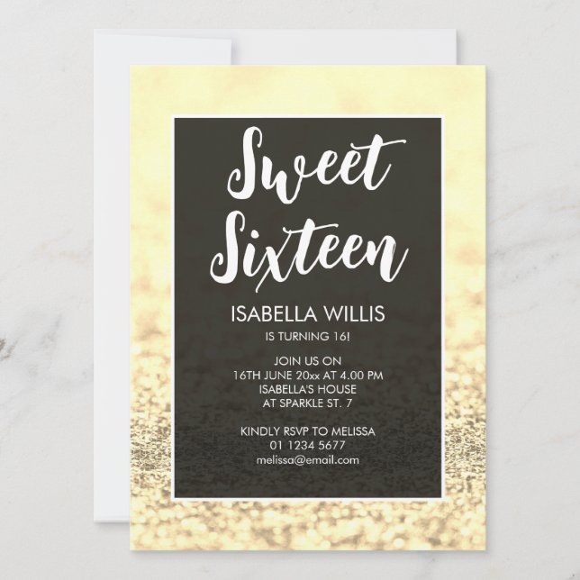 Invitation Bright or scintille bling Sweet 16 élégant script (Devant)
