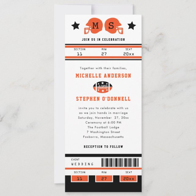 Invitation Bright Orange and Black Football Mariage (Devant)