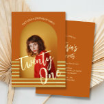 Invitation Bright Orange Arch Photo 21e fête d'anniversaire<br><div class="desc">Célébrez en style avec notre Bright Orange Arch Photo 21st Birthday Party Invitation. L'avant vous permet de présenter votre photo préférée, accentuée par un design audacieux et accrocheur. Au fond, vous trouverez de l'espace pour les détails de la fête, tous entièrement personnalisables selon vos besoins. Cette invitation présente un design...</div>