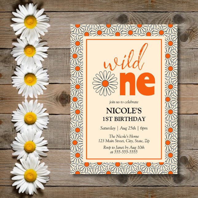 Invitation Bright Orange Daisies Girl Wild One 1er anniversai (Créateur téléchargé)
