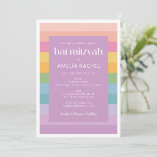Invitation Bright Pastel Stripe Rainbow violet Bat mitzvah