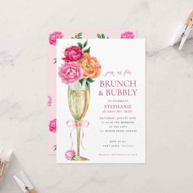 Invitation Bright Peony w/QR Code on Back, Brunch and Bubbly  (Devant/Arrière en situation)
