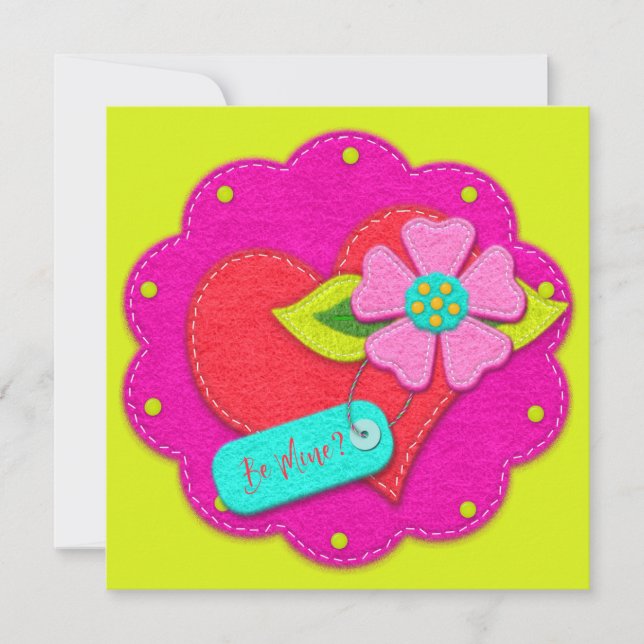 Invitation Bright Pink and Peridot Felt Style Heart Flower  (Devant)