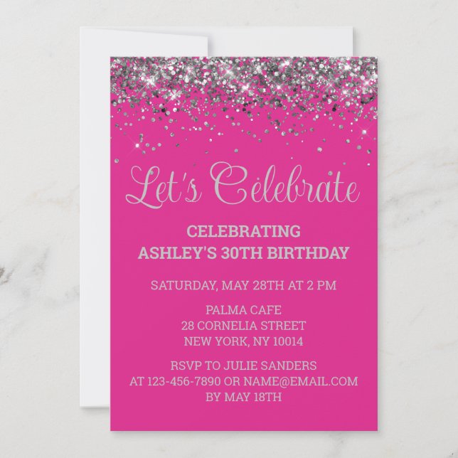 Invitation Bright Pink and Silver Glitter 30th Birthday Party (Devant)