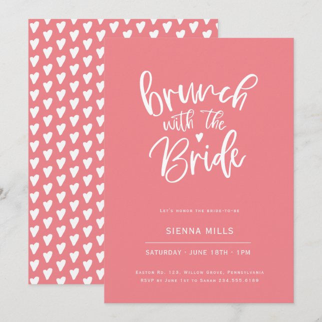 Invitation Bright Pink Hearts Calligraphie Brunch nuptial (Devant / Derrière)
