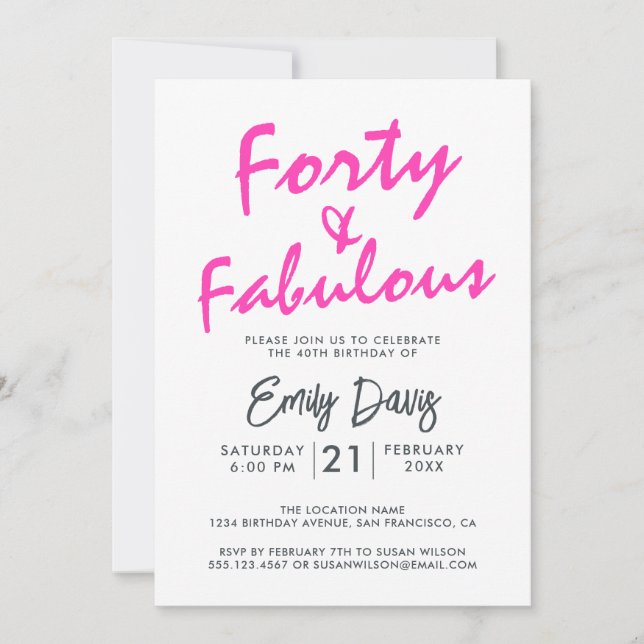 Invitation Bright Pink Quarty Fabulous | Fête du 40e annivers (Devant)