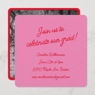 Invitation Bright Pink Red Script Photo Chic Graduation Party