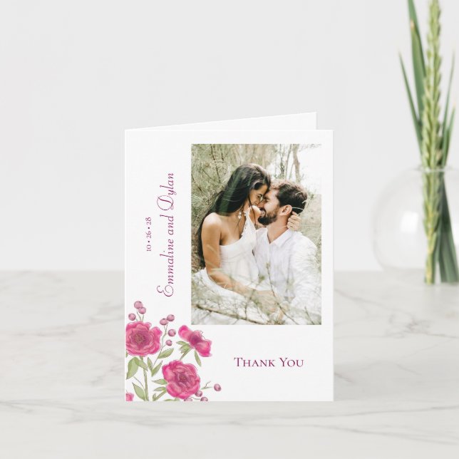 Invitation Bright Pink Rose Wedding Thank You Cards Photo (Devant)