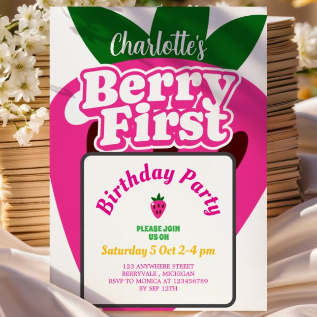 Invitation Bright Pink Strawberry Berry First Birthday (Créateur téléchargé)