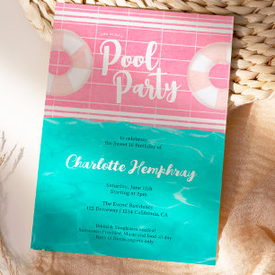 Invitation Bright Piscine tropicale fête rose bleu Sweet 16