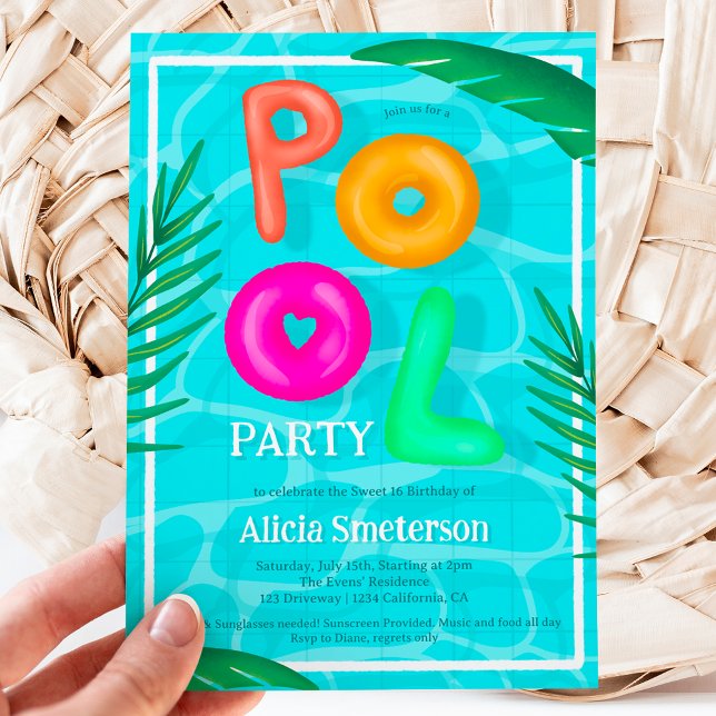 Invitation Bright Piscine tropicale flotteurs néon Sweet 16 (Bright Tropical pool party neon floaters Sweet 16 Invitation)