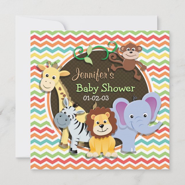 Invitation Bright Rainbow Chevron Zoo Animaux Baby shower (Devant)