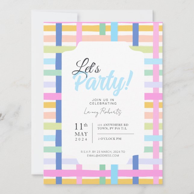 Invitation Bright Rainbow Plaid Invite - Colourful Pastel (Devant)