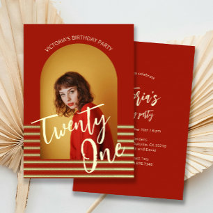 Invitation Bright Red and Gold Photo 21e fête d'anniversaire