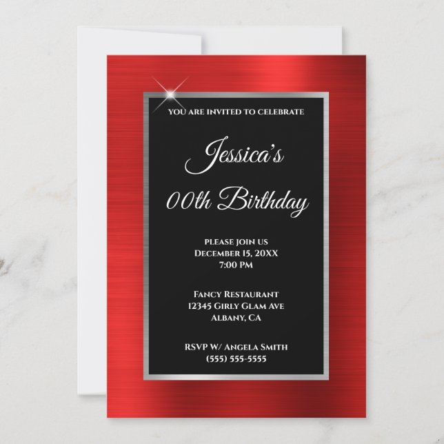Invitation Bright Red Foil Argent et Noir Anniversaire (Devant)