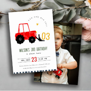 Invitation Bright Red Yellow Digger Enfants Photo Anniversair