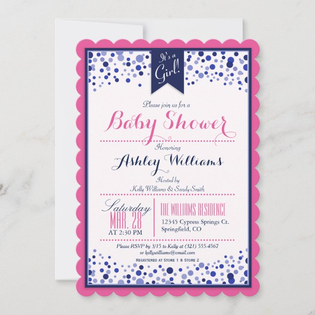 Invitation Bright rose, blanc et Baby shower bleu marine (Devant)