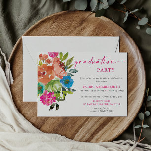 Invitation Bright Rose Orange Floral fête de graduation