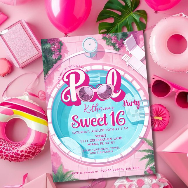 Invitation Bright Rose Pool Party Girly Sweet 16 Seize (Bright Pink Pool Party Girly Sweet 16 Sixteen Invitation)