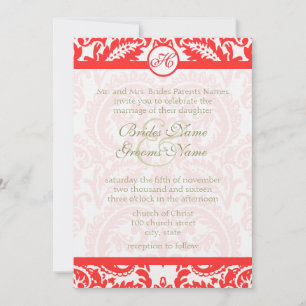 Invitation Bright Snap Dragon Coral Damask Gris Police Mariag