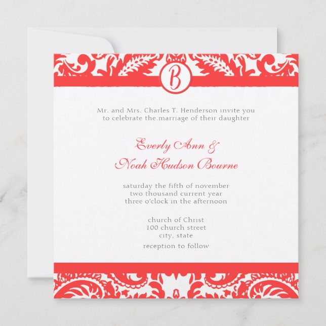 Invitation Bright Snap Dragon Coral Damask Gris Police Mariag (Devant)