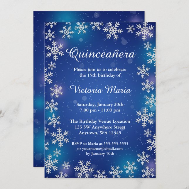 Invitation Bright Snowflakes Blue Winter Quinceanera Invitati (Devant / Derrière)