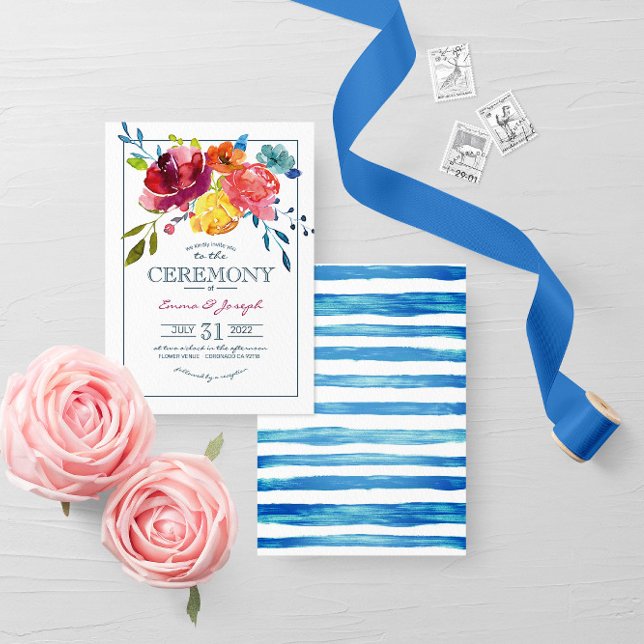 Invitation Bright Summer maritime rayé Mariage floral (Créateur téléchargé)
