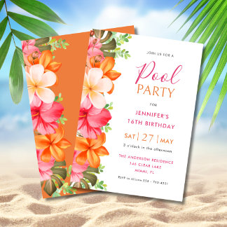 Invitation Bright Tropical Floral Birthday Pool Party 