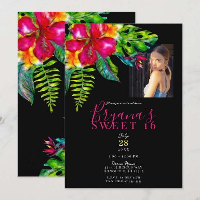 Invitation Bright Tropical Hibiscus Colorpop Fête Douce 16  (Devant / Derrière)