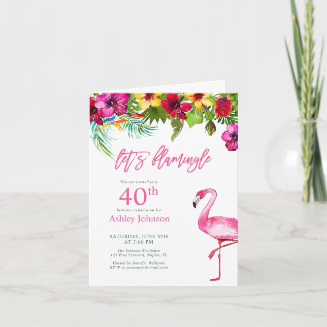 Invitation Bright Tropical Pink Flamant rose 40e anniversaire (Devant)