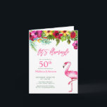 Invitation Bright Tropical Pink Flamant rose 50e anniversaire<br><div class="desc">Donnez le ton pour une fête festive amusante et estivale de 50 ans avec cette mignonne invitation folded tropicale "Let's Flamingle" ! Avec une goutte d'eau vive et tropicale d'hibiscus colorés, une brosse à flacon, un oiseau de paradis lumineux et un feuillage de palmiers, suivi de "Flamingle" en rose flamant....</div>