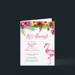 Invitation Bright Tropical Pink Flamant rose 50e anniversaire<br><div class="desc">Donnez le ton pour une fête festive amusante et estivale de 50 ans avec cette mignonne invitation folded tropicale "Let's Flamingle" ! Avec une goutte d'eau vive et tropicale d'hibiscus colorés, une brosse à flacon, un oiseau de paradis lumineux et un feuillage de palmiers, suivi de "Flamingle" en rose flamant....</div>
