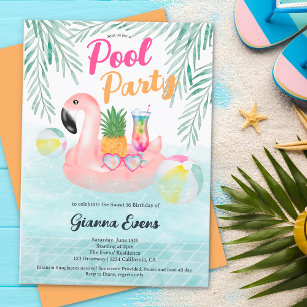 Invitation Bright Tropical pool party rose flamingo Sweet 16