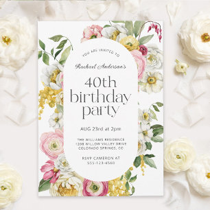 Invitation Bright Watercolor Floral 40e fête d'anniversaire