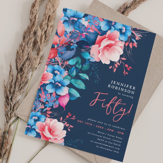 Invitation Bright Watercolor Floral 50e Anniversaire Marine (Bright Watercolor Floral 50th Birthday Navy Invitation)