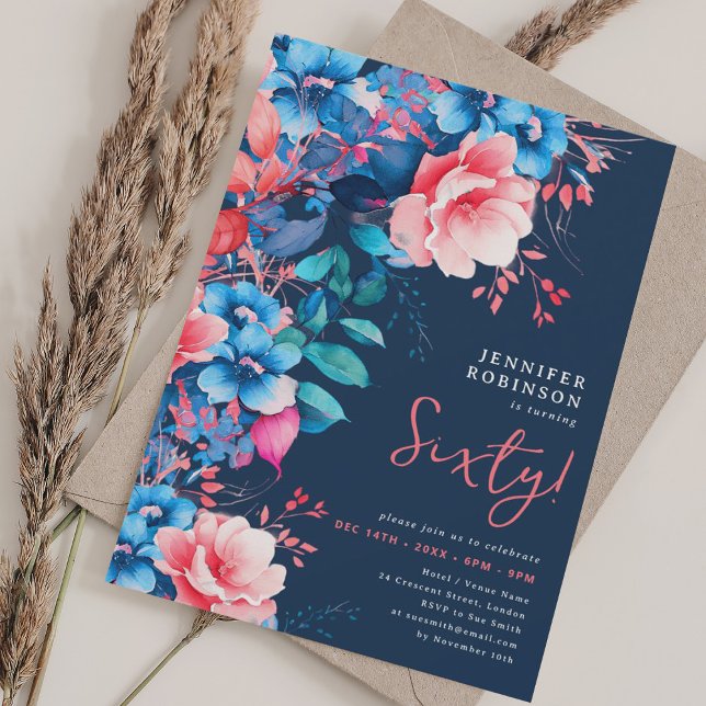 Invitation Bright Watercolor Floral 60e Anniversaire Marine (Bright Watercolor Floral 60th Birthday Navy Invitation)