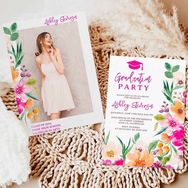 Invitation Bright wild flowers script de graduation photo (Bright wild flowers script photo graduation invitation on white)
