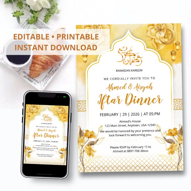 Invitation Bright Yellow Floral & Gold Arch Ramadan Iftar Inv (Créateur téléchargé)