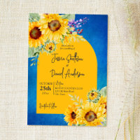 Bright yellow sunflowers arch on blue background