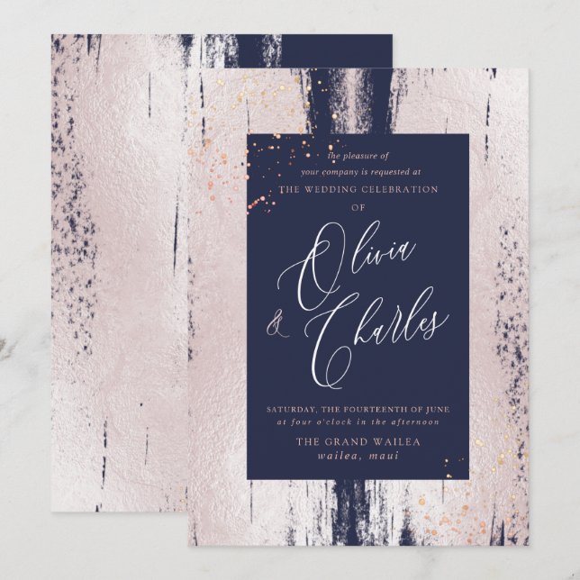 Invitation Brillance, Coup de pinceau rose, Faux blush métall (Devant / Derrière)