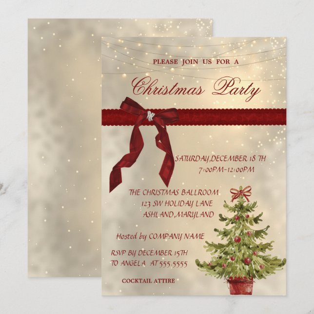 Invitation Brillant, Bow rouge, Tree Corporate Christmas Part (Devant / Derrière)