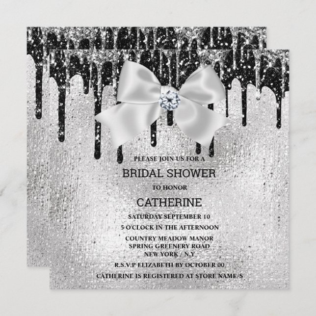 Invitation Brillant en diamant noir argenté lumières glamour  (Devant / Derrière)