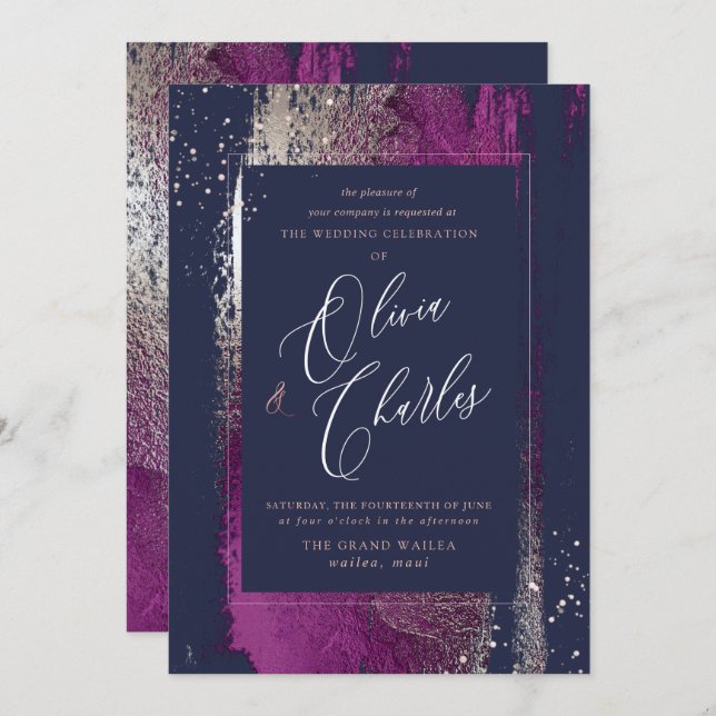 Invitation Brillant, Hiver Bliss Cassis Brush Strokes Marine (Devant / Derrière)