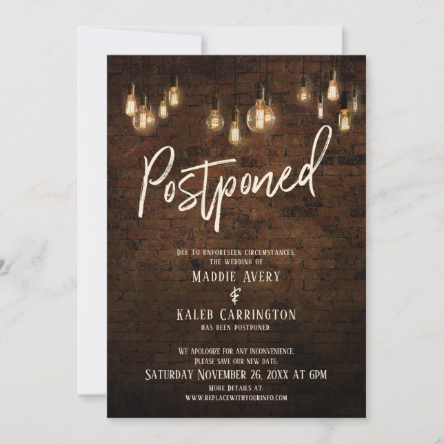 Invitation Brique industrielle Edison Lumières Mariage report (Devant)