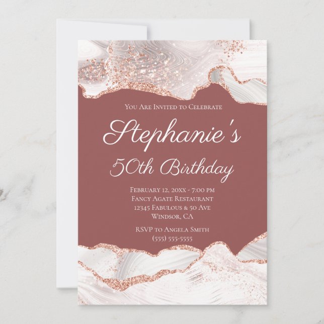 Invitation Brique Rose Doré Pailleté Blanc Agate 50e Annivers (Devant)