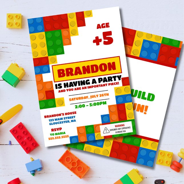 Invitation Briques colorées Blocs de construction Anniversair (Building blocks birthday invitation)