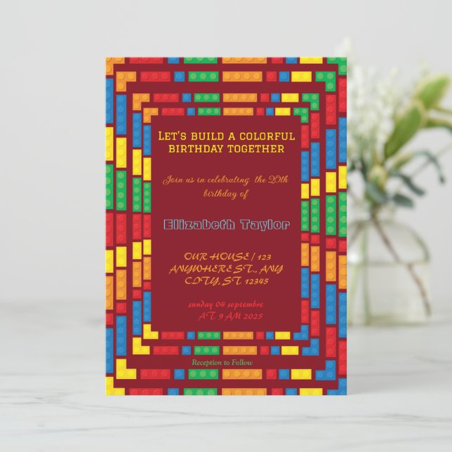 Invitation Briques colorées Blocs de construction Anniversair (Debout devant)