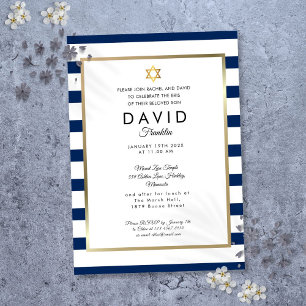 Invitation Brit Milah Navy Bleu Blanc Rayure Or