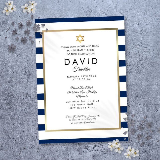 Invitation Brit Milah Navy Bleu Blanc Rayure Or (Brit Milah Navy Blue White Stripe Gold Invitation)